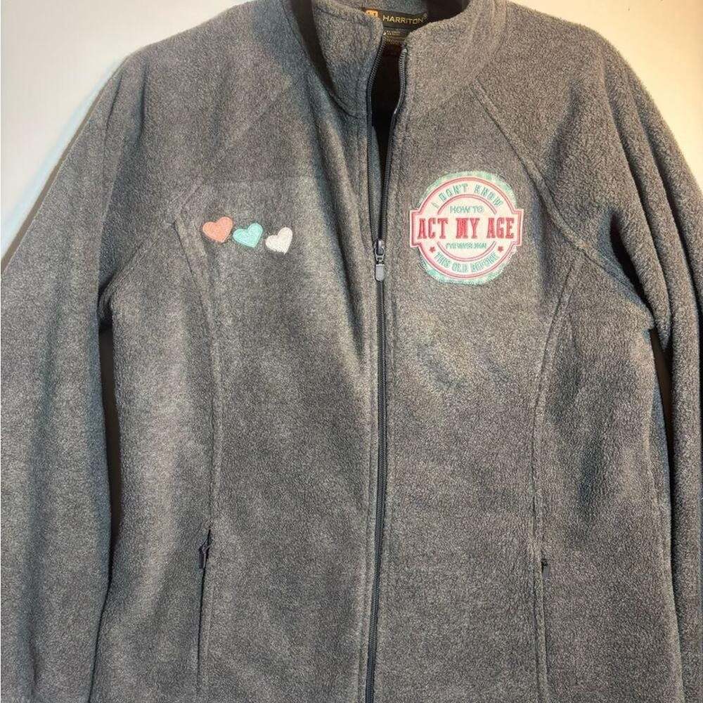 Harriton Gray Fleece Full-Zip Jacket Patch Slogan Women's Size L